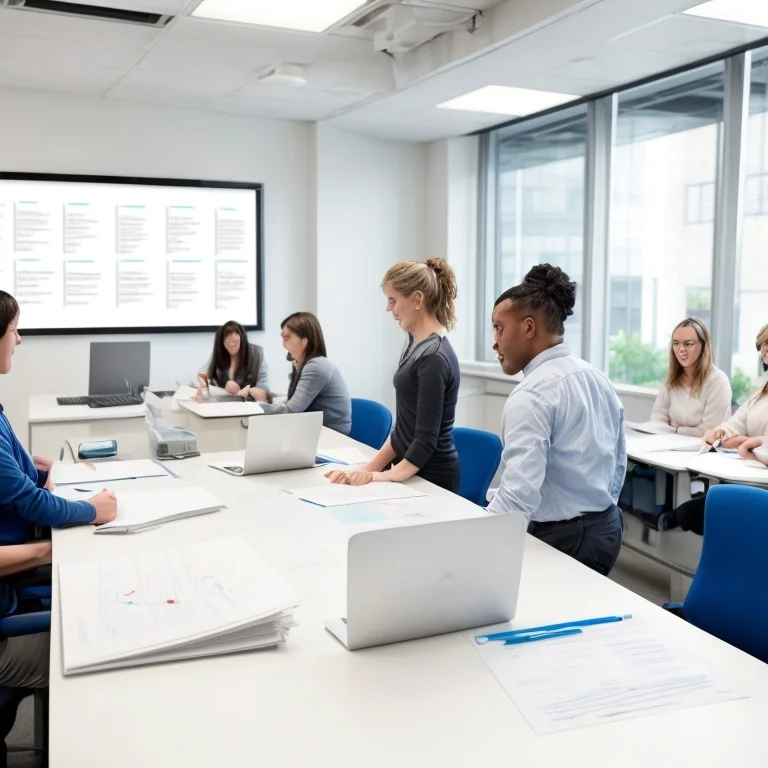 Lernende am Computer mit Dozent im Hintergrund